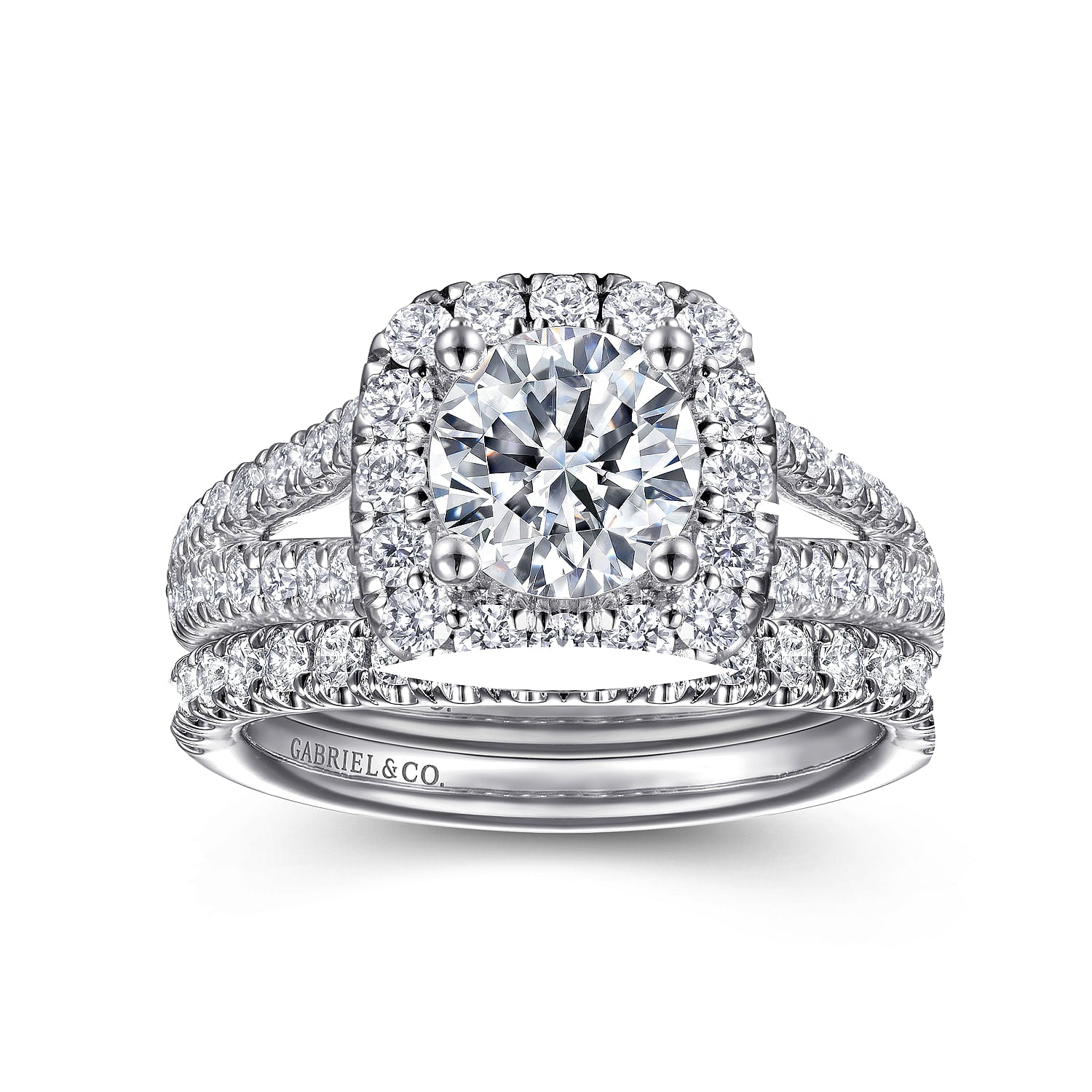 James White Gold Cushion Halo Round Diamond Engagement Ring Setting