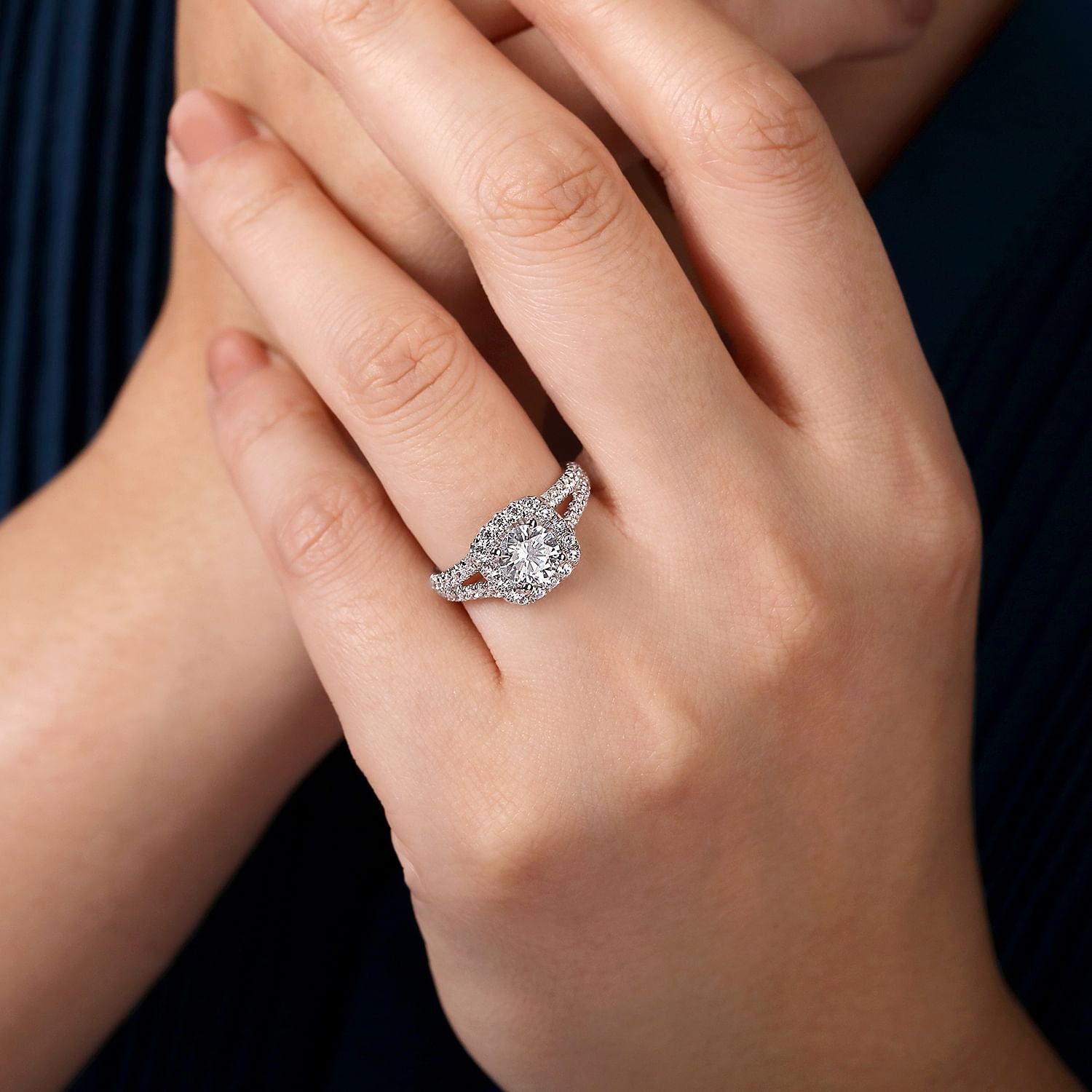 James White Gold Cushion Halo Round Diamond Engagement Ring Setting