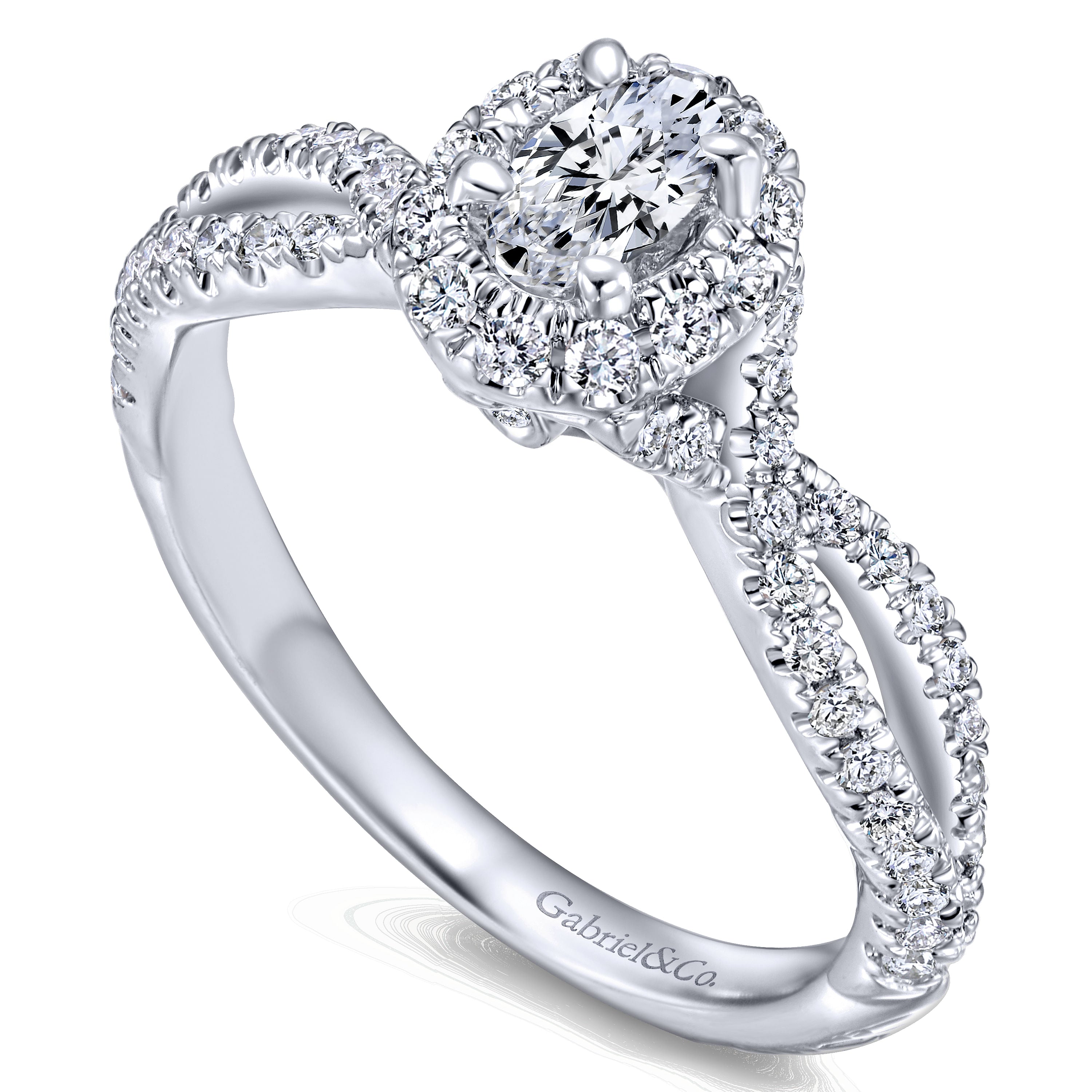 White Gold Diamond Oval Halo Twisted Complete Engagement Ring