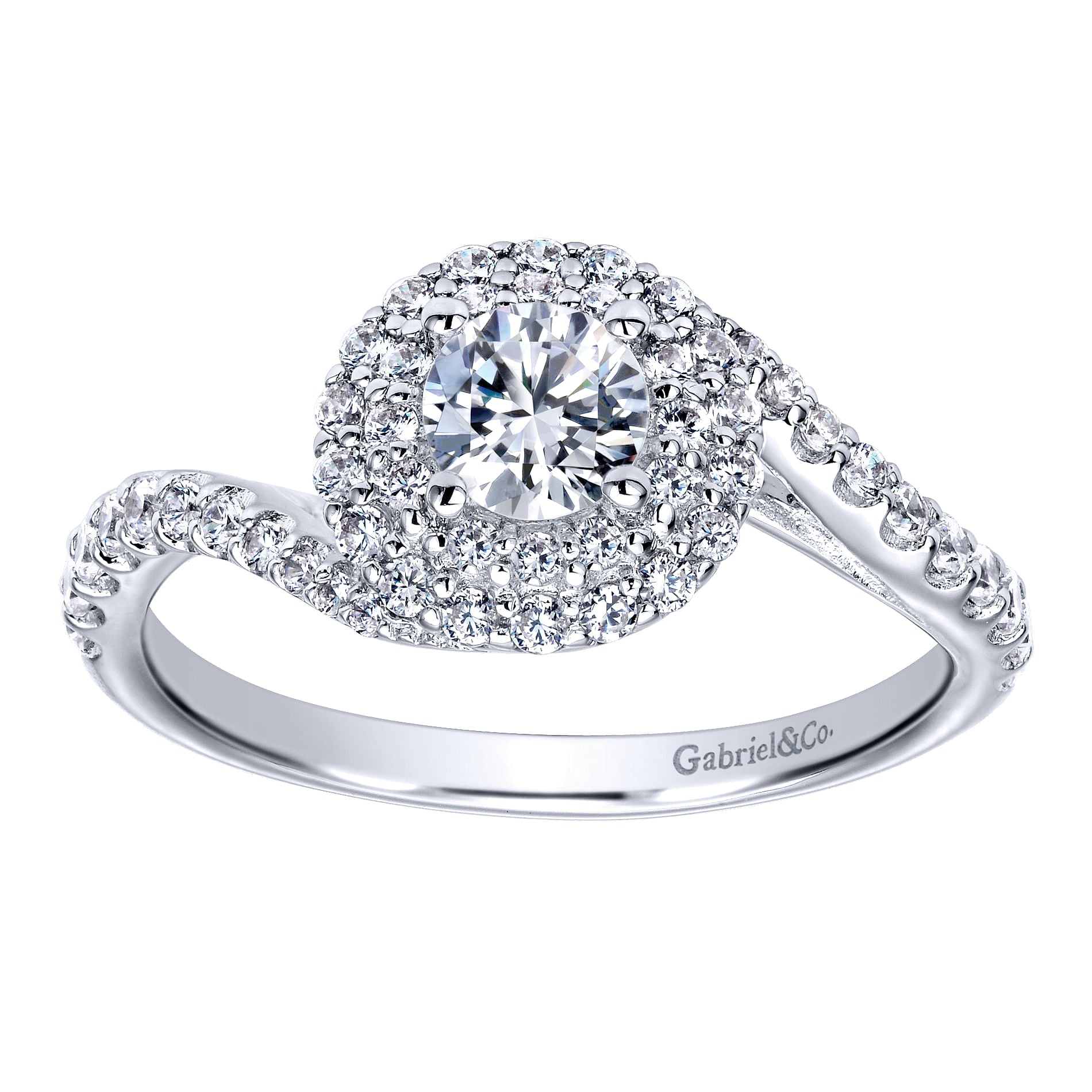 White Gold Round Double Halo Curved Complete Diamond Engagement Ring