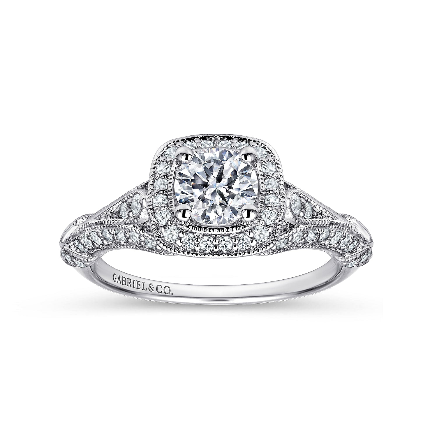 White Gold Vintage Inspired Cushion Halo Round Complete Diamond Engagement Ring