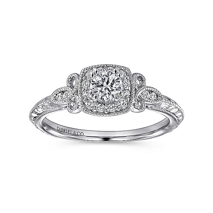 White Gold Round Diamond and Cushion Halo Complete Engagement Ring