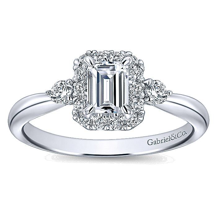 White Gold Emerald Cut Diamond Halo Complete Engagement Ring
