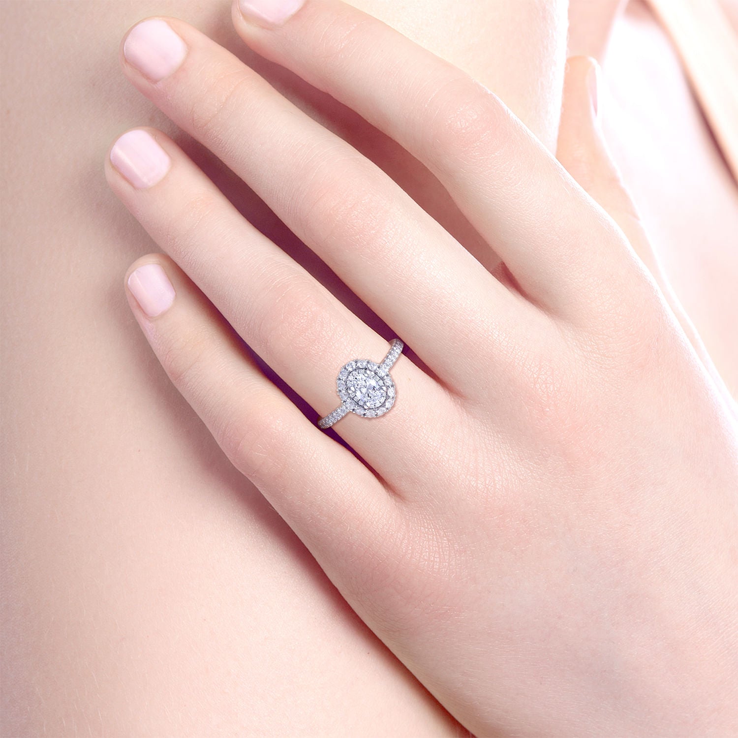 White Gold Oval Double Halo and Pave Complete Diamond Engagement Ring