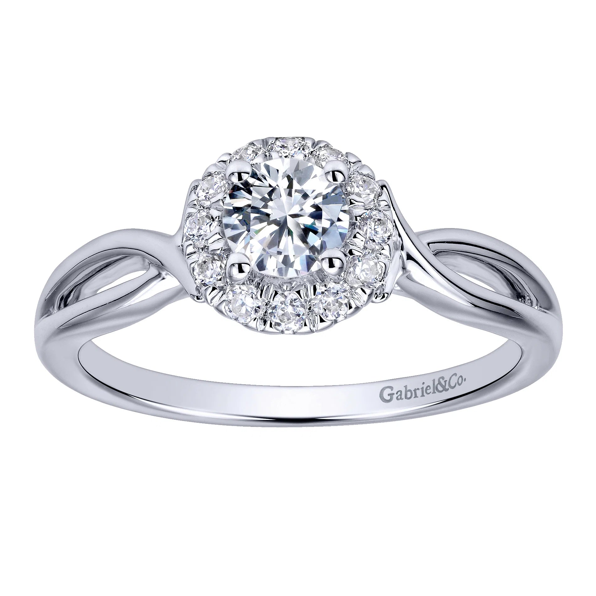 White Gold Round Diamond Halo Split Shank Complete Engagement Ring