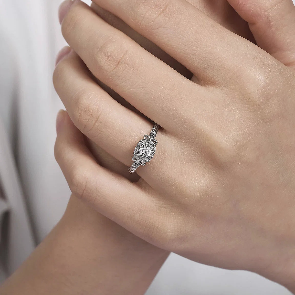 White Gold Round Diamond and Cushion Halo Complete Engagement Ring