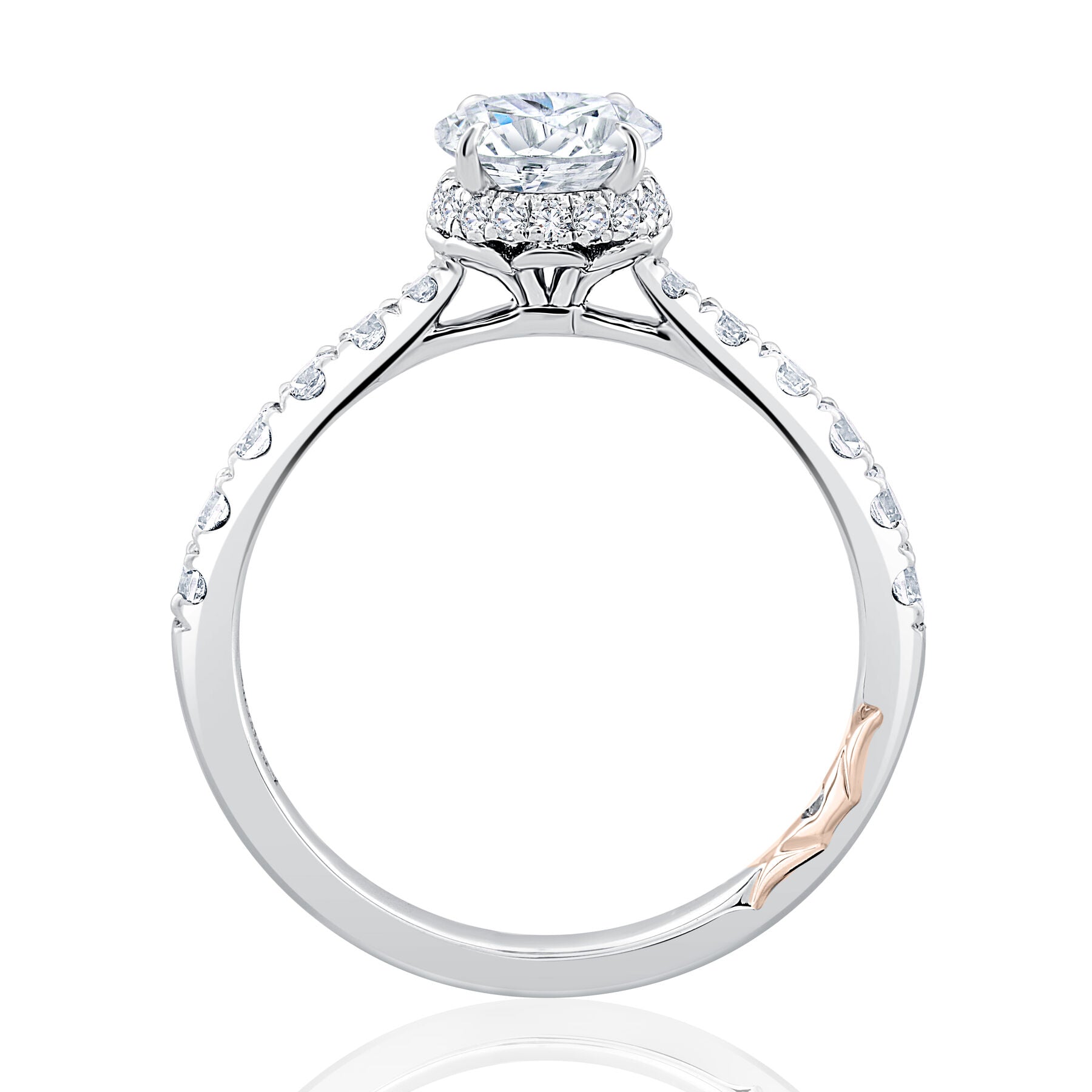 Oval Cut Shared Prong Diamond Engagement Ring Setting with Hidden Halo