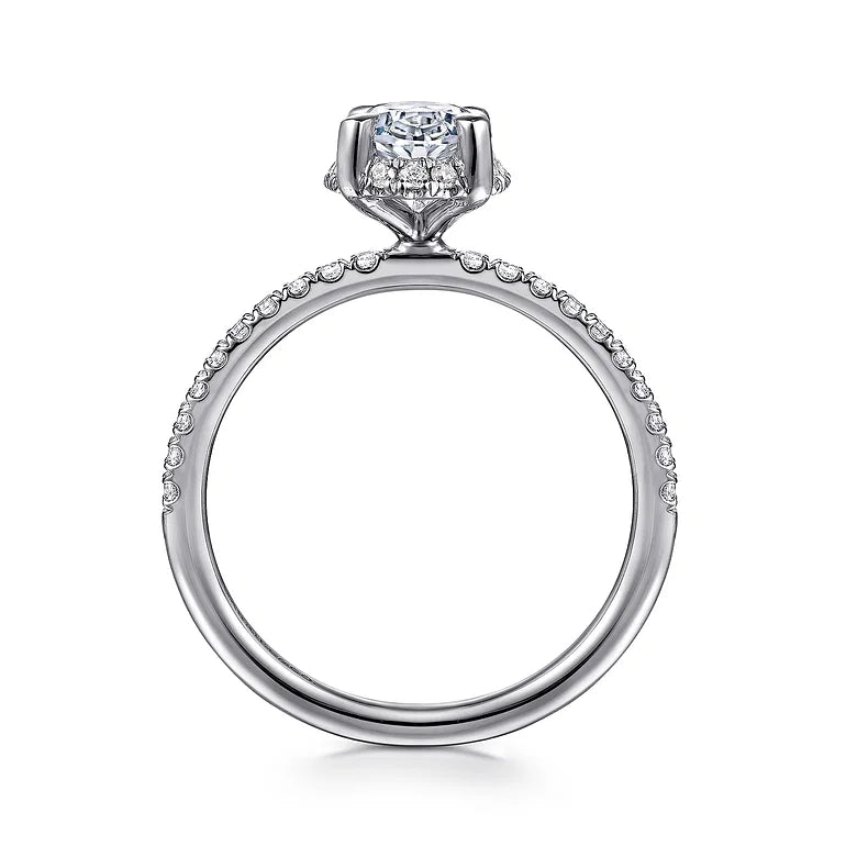 Suede White Gold Oval Hidden Halo Diamond Engagement Ring Setting