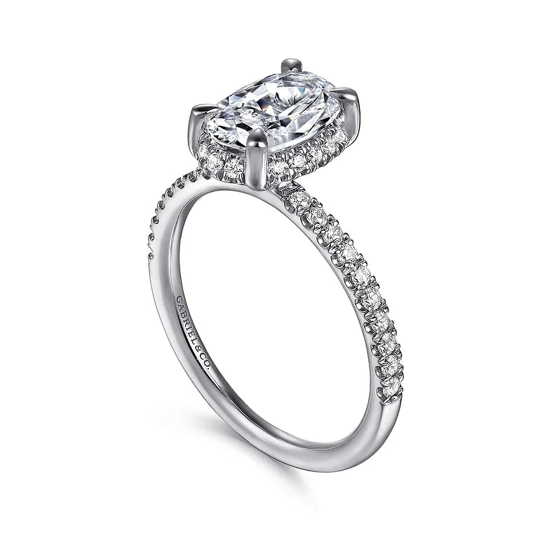 Suede White Gold Oval Hidden Halo Diamond Engagement Ring Setting