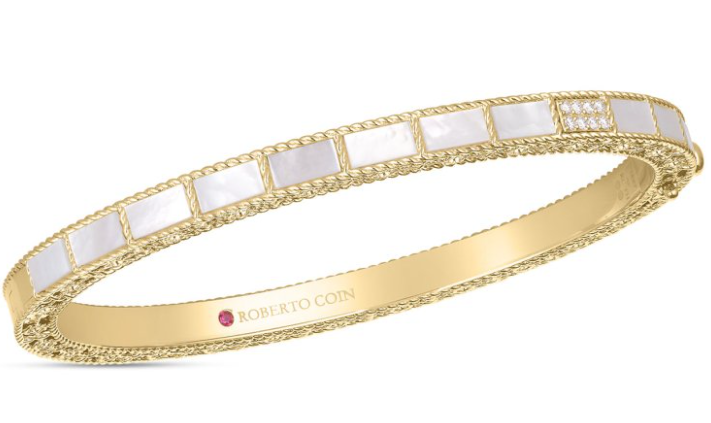 18K Yellow Gold Mosaic Mother of Pearl and Diamond Bangle